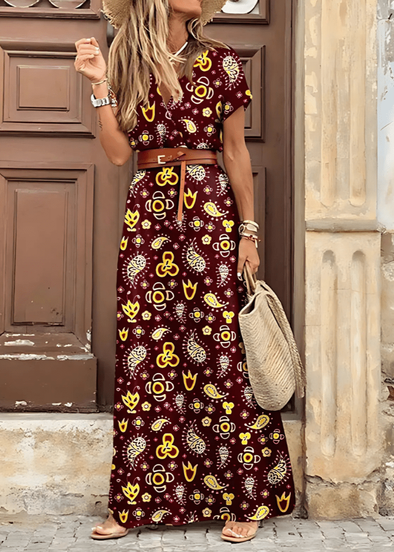 Rosa™ | Lange bohemian jurk met geplooide taille - Lune Amsterdam