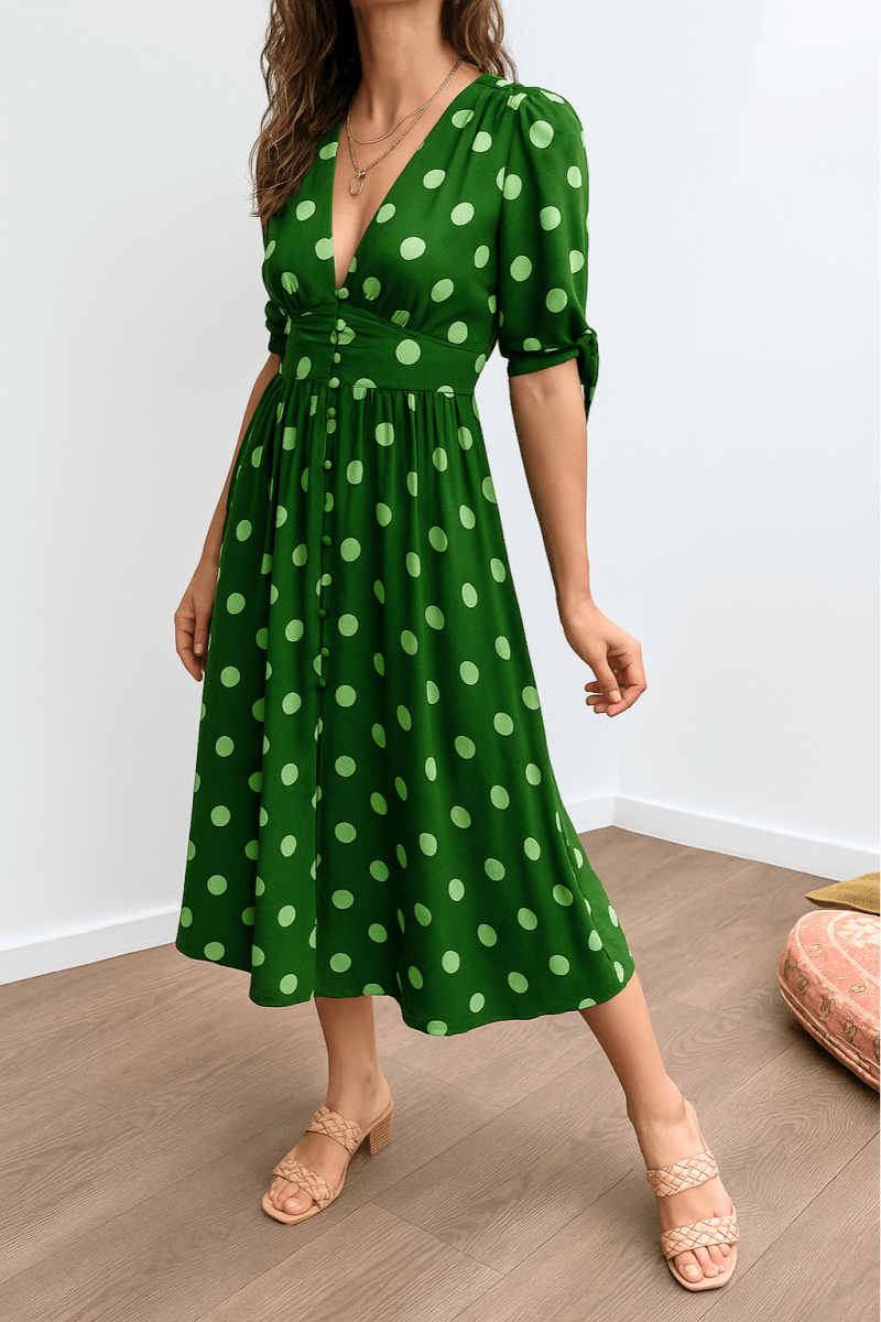 Brittney™ | Elegante stippen jurk met V - hals - Lune Amsterdam