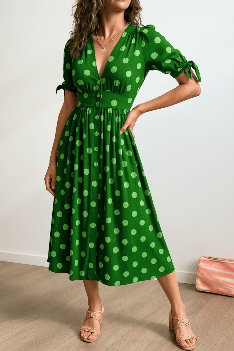 Brittney™ | Elegante stippen jurk met V - hals - Lune Amsterdam