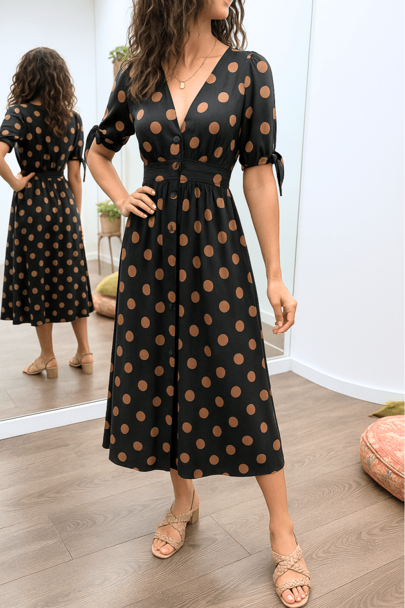 Brittney™ | Elegante stippen jurk met V - hals - Lune Amsterdam