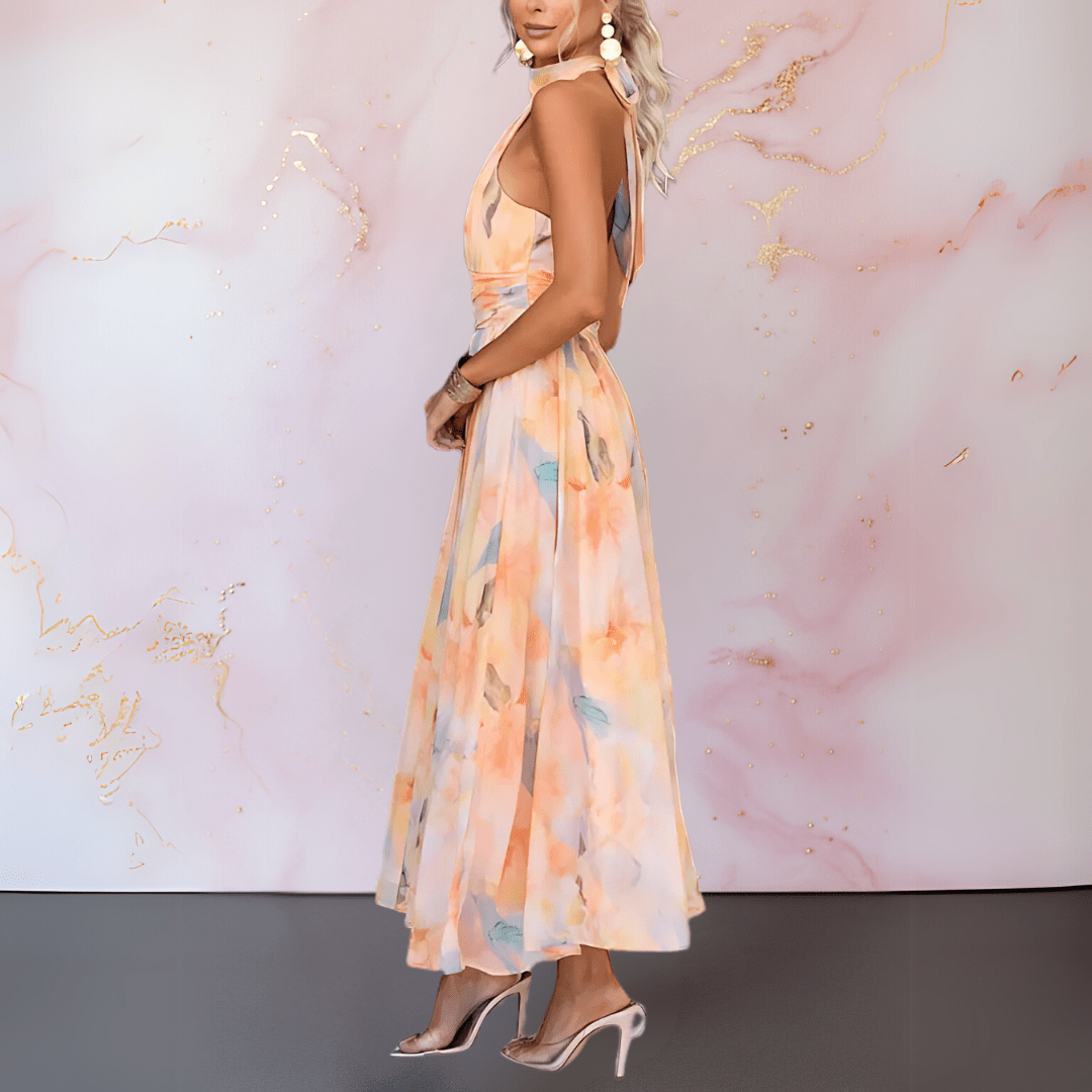 Nora™ | Elegante getailleerde aquarel print jurk - Lune Amsterdam