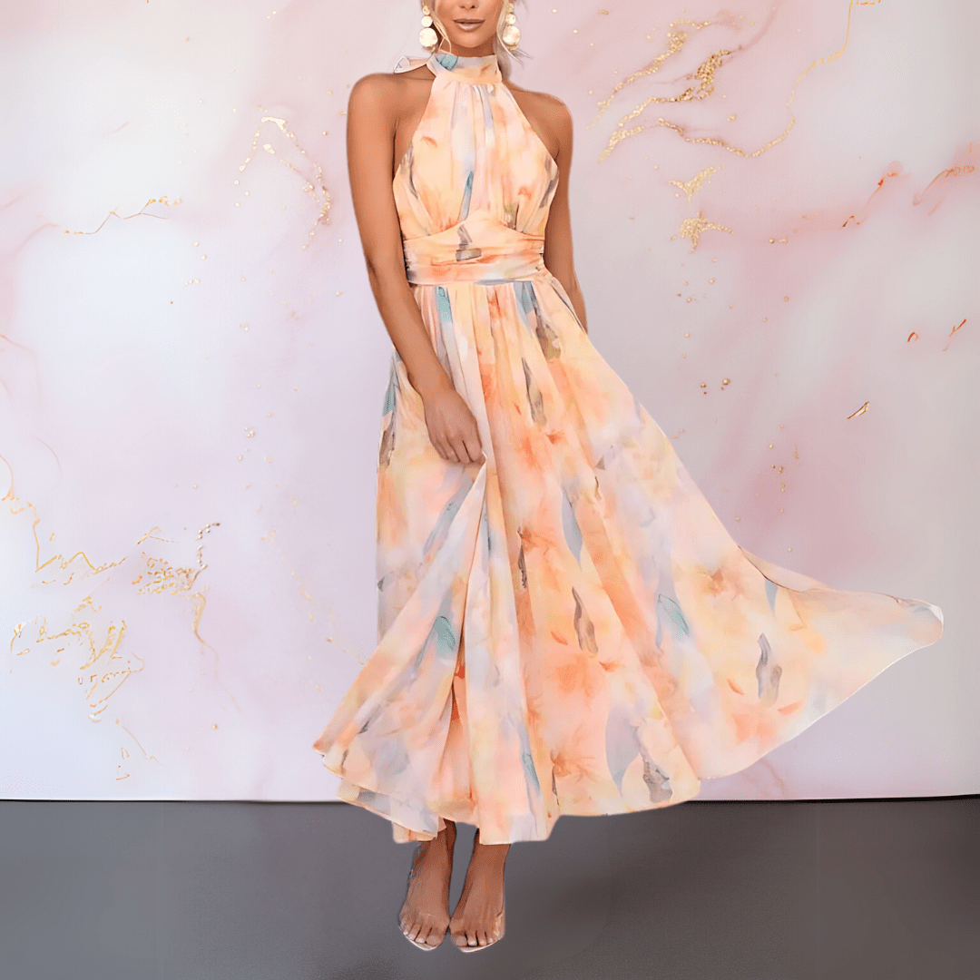 Nora™ | Elegante getailleerde aquarel print jurk - Lune Amsterdam